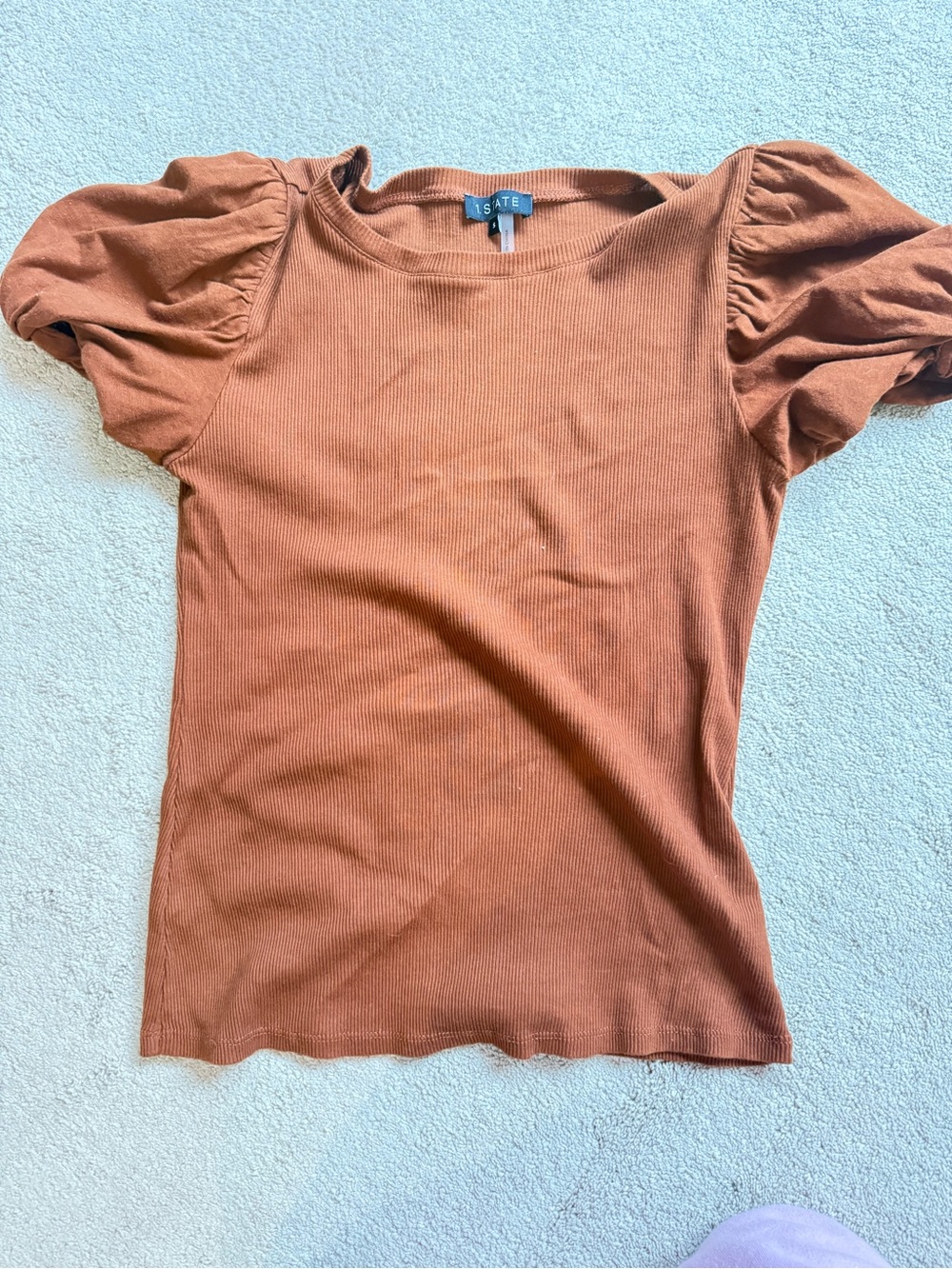 1. State Puff-Sleeve Ribbed Tee in Rusty Orange